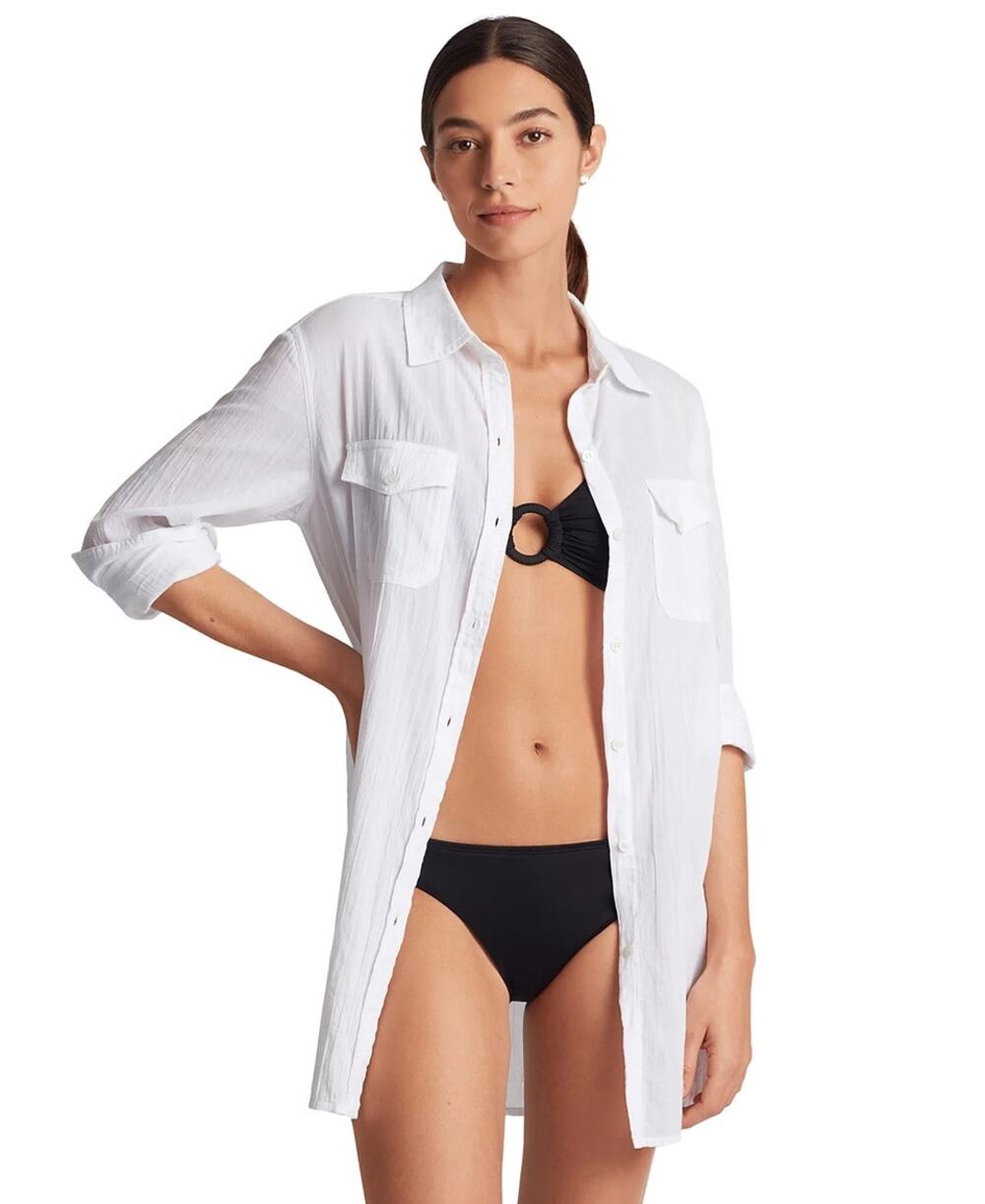 Lauren Ralph Lauren Crushed Cotton Cover-Up Shirt In White